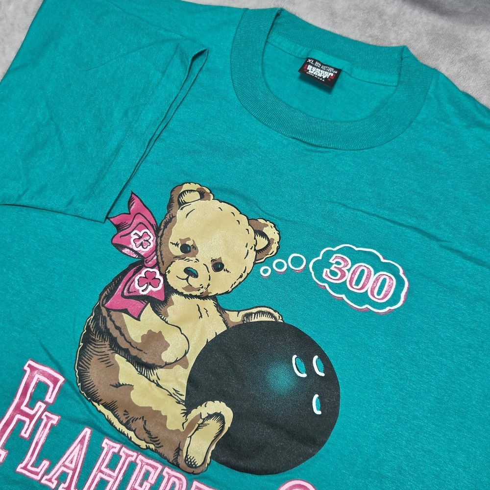 Vintage Screen Stars Best Flahertys Bowling Teddy Bear T-Shirt Teal XL USA Made